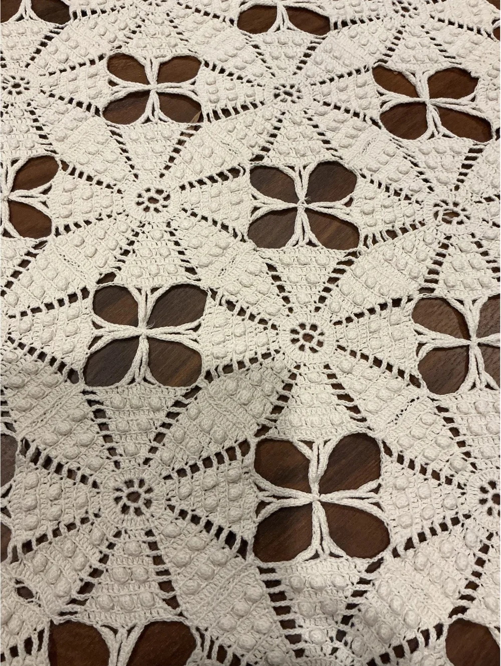 Antique Handmade Filet Crochet Coverlet Queen Geometric Floral Cream
